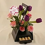 Premium Purple Tulips & Rose Hut Box with Chocolates for Mom