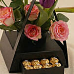 Premium Purple Tulips & Rose Hut Box with Chocolates for Mom