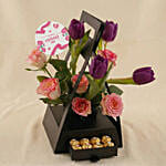 Premium Purple Tulip & Rose Hut Box with Chocolates, Cake for Mom