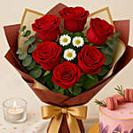 Elegant Red Rose Bouquet with Red Velvet Designer Cake