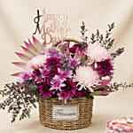 Mixed Flowers Basket with Cake for Mothers Day