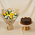 Yellow & White Bliss Bloom Buddies Bouquet and Chocolate Cake