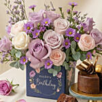 Birthday Roses Arrangement and Chocolate Cake