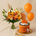 Happiness - Orange Flowers Chocolate Cake n Balloons