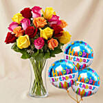 Vivid Roses Bunch With Birthday Balloon
