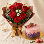 Elegant Red Rose Bouquet with Red Velvet Designer Cake