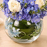 Elegant Blue Hydrangea & White Rose Glass Bowl Gift