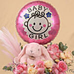 Pink Bunny, Roses & Chocolate Box Arrangement for Baby Girl