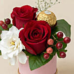Red Rose, Eustoma & Ferrero Rocher in Round Gift Box