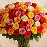 Bunch of 100 Mixed Roses In Glass Vase
