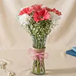 Gerberas White and Pink Carnations In Glass Vase