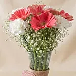 Gerberas White and Pink Carnations In Glass Vase