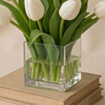 Peaceful White Tulips Square Glass Vase