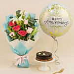 Mesmerizing Roses With Anniversary Balloon & Cake