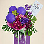 Mixed Flowers Purple Balloons Cardboard Stand