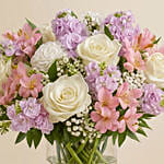 Pink With White Floral Bunch In Glass Vase