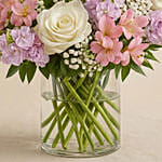 Pink With White Floral Bunch In Glass Vase