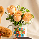 Birthday Floral Mug Arrangement with Teddy N Chocolate Cake