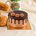 Birthday Floral Mug Arrangement with Teddy N Chocolate Cake