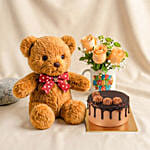 Birthday Floral Mug Arrangement with Teddy N Chocolate Cake