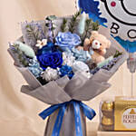 Preserved Roses Bouquet with Teddy Bear for Baby Boy