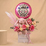 Pink Bunny, Roses & Chocolate Box Arrangement for Baby Girl