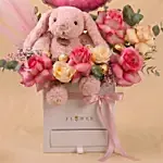 Pink Bunny, Roses & Chocolate Box Arrangement for Baby Girl