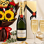 Graduation Champagne & Glasses and Flowers
