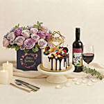 Birthday Gift Set - Roses Cake & Wine Combo