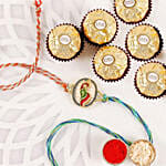 Multicolor Peacock Rakhi with Blue and Red Thread with Ferrero Rochers