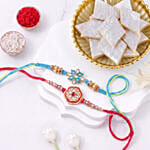Blue and Red Meenakari Rakhi Set with Kaju Katli