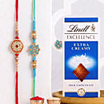 Blue and Red Meenakari Rakhi Set with Lindt Chocolate Bar