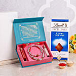 Pearls and Rudraksha Rakhi with Lindt Chocolate Bar