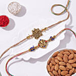 Divine Duo Radha Krishna and Ganesha Rakhi Set with Almonds