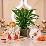 Ganesha Idol with Devotional Ganesha Rakhi and Peace Lily Plant Gift Set