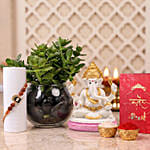 Ganesha Idol with Devotional Shiva Rakhi and Jade Plant Gift Set