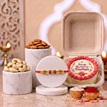 Red & Green Designer Rakhi with Dry Fruits and Eggless Chocolate Cake