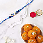 Minamalistic Navy Evil Eye Rakhi with Motichoor Ladoo