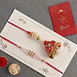 Artisanal Bandhani Red Lumba and Beaded Rakhi Pair with Dryfruits