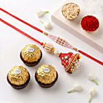 Artisanal Bandhani Red Lumba and Beaded Rakhi Pair with Ferrero Rochers