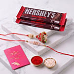 Artisanal Bandhani Red Lumba and Beaded Rakhi Pair with Hersheys Chocolate