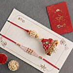 Artisanal Bandhani Red Lumba and Beaded Rakhi Pair with Hersheys Chocolate