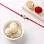 Artisanal Bandhani Red Lumba and Beaded Rakhi Pair with Rasgullas