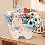 Adorable Baby Boy Carriage & Floral Gift Basket