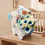 Adorable Baby Boy Carriage & Floral Gift Basket