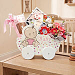 Adorable Baby Girl Carriage & Floral Gift Basket