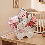 Adorable Baby Girl Carriage & Floral Gift Basket