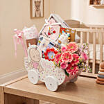 Adorable Baby Girl Carriage & Floral Gift Basket