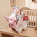 Adorable Baby Girl Carriage & Floral Gift Basket