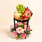 Elegant Two-Tier Flowers & Fresh Fruit Black Stand